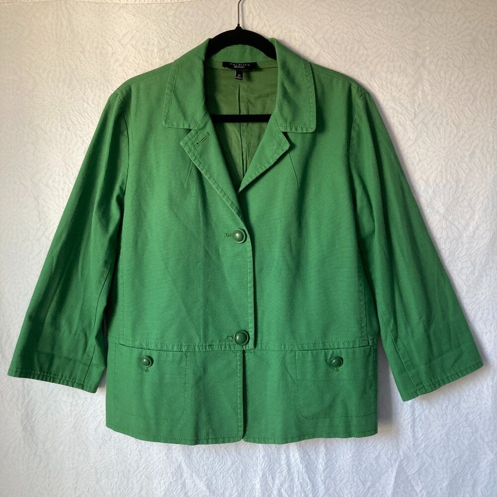 Vintage TALBOTS Green Collared Button Up 3/4 Sleeve Jacket Front Pockets Size 14